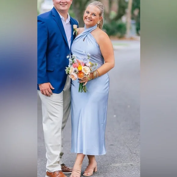 Show Me Your MuMu Light Blue Satin Twist-Halter Midi Dress - Picture 5 of 9